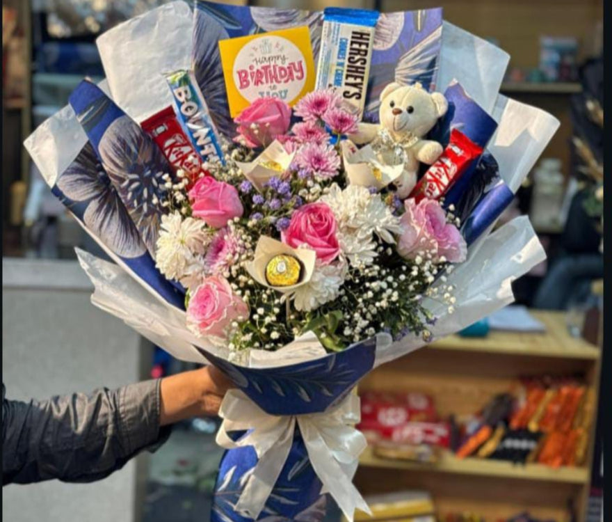 Sweet Delight Chocolate Bouquet with Teddy & Roses